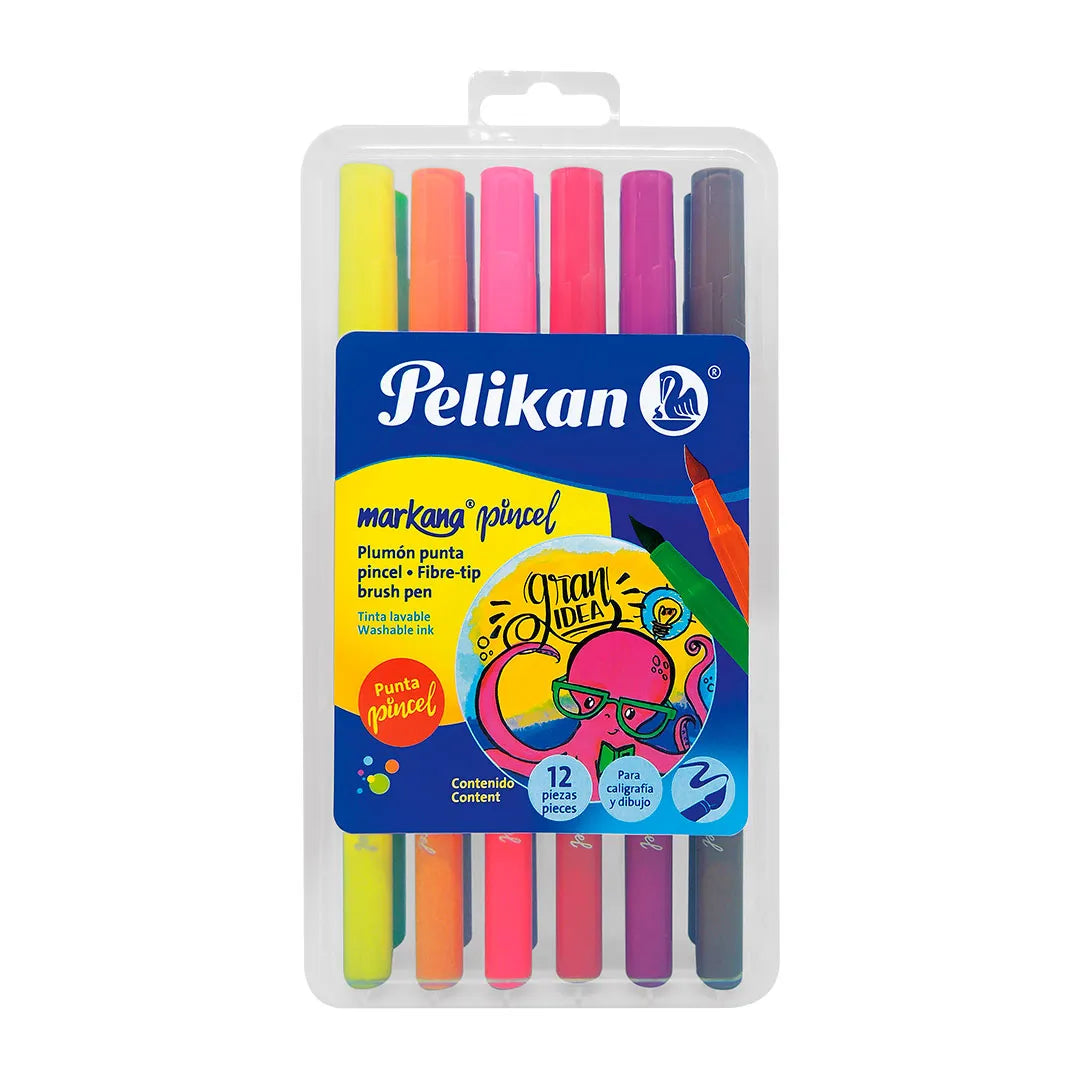 Estuche Plumones Punta Pincel Pelikan Markana Regular x12 Unidades