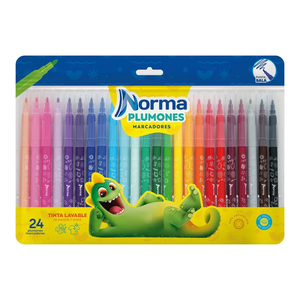 Plumones Lavables Punta Bala Norma x24 Unidades