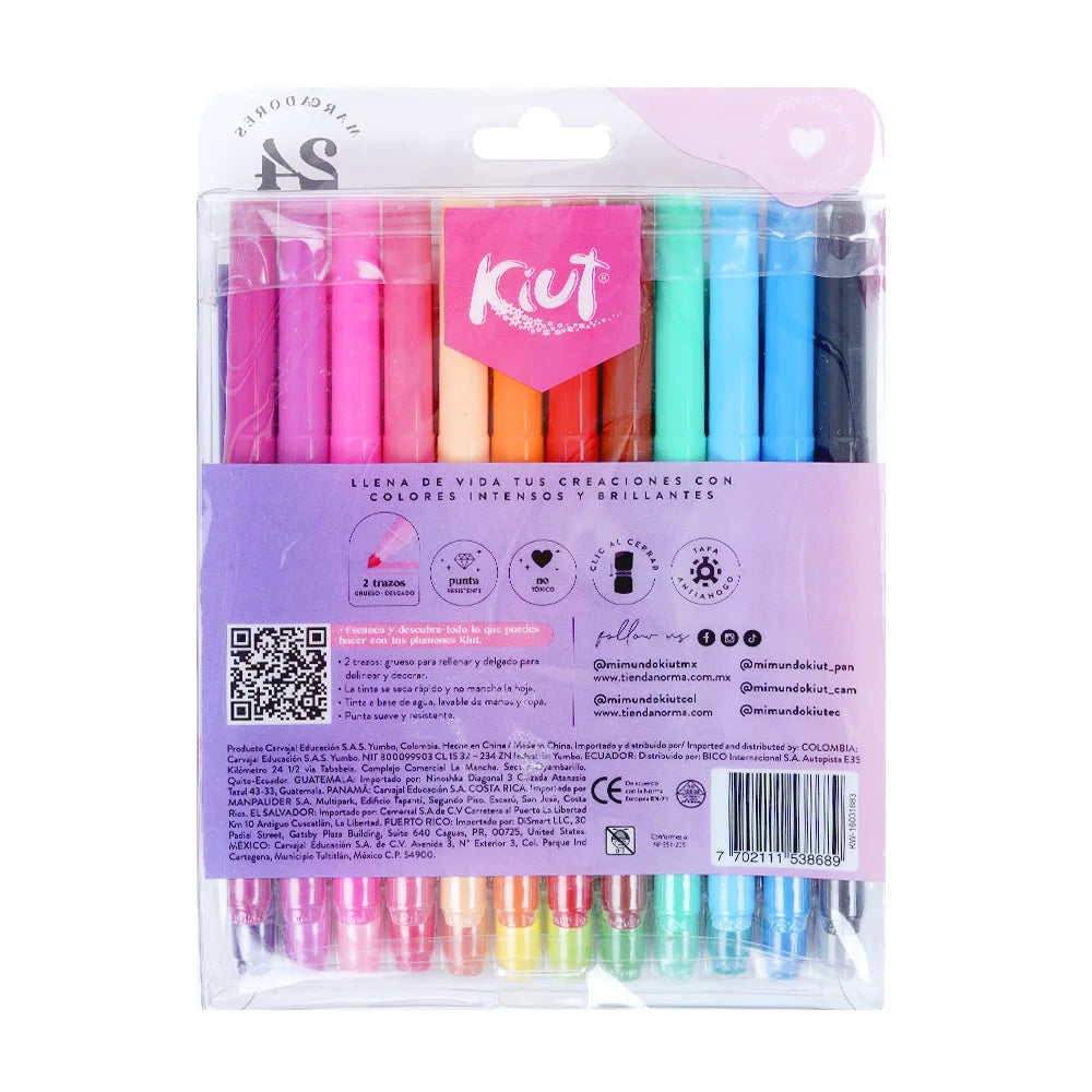 Plumones Lavables Kiut x24 Unidades Punta Conica