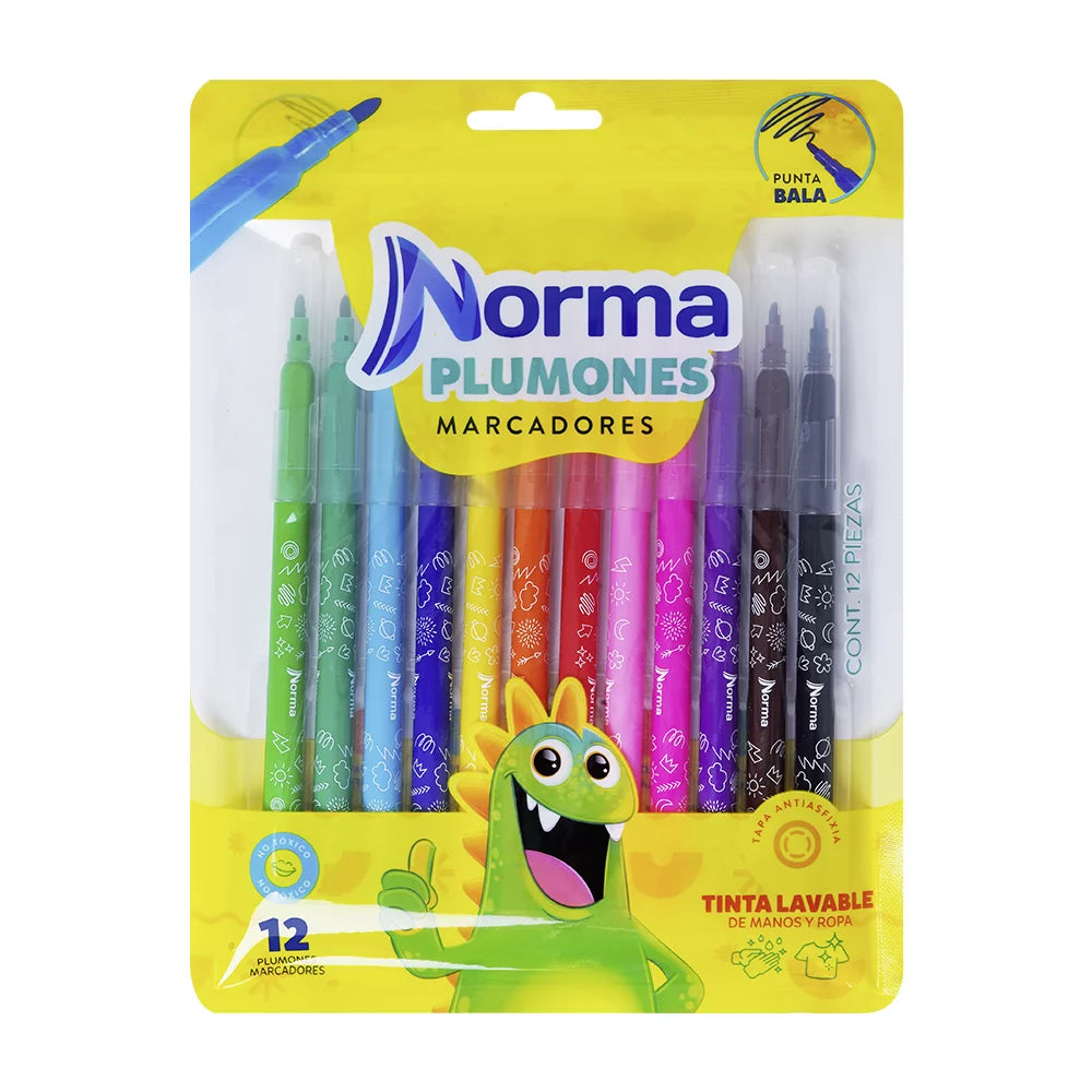 Plumones Lavables Punta Bala Norma x12 Unidades